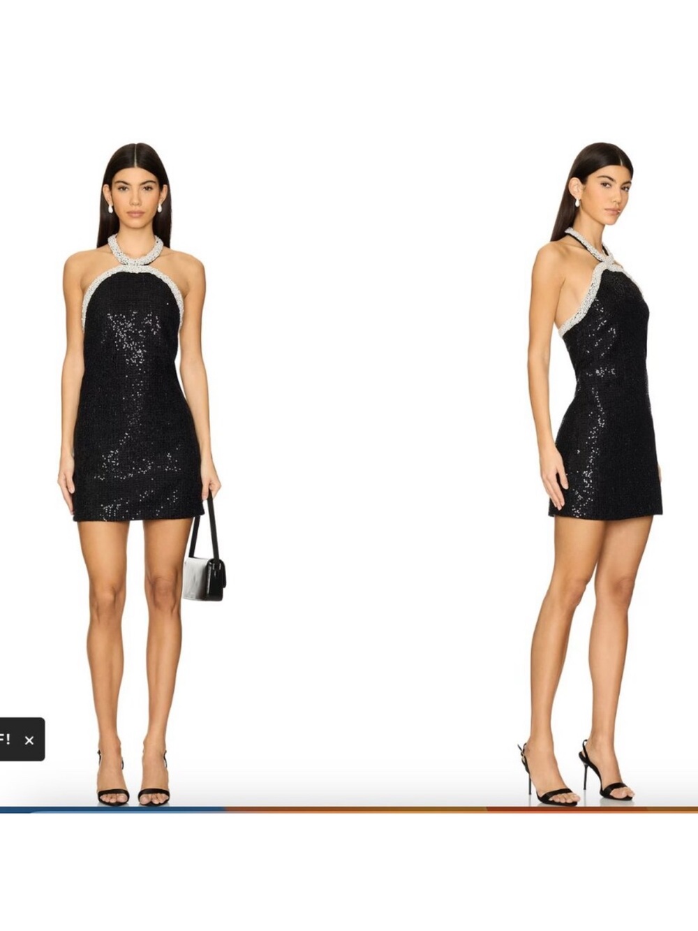 Self-Portrait Black Sequin Halter Mini Dress with Pearl Bead Trim